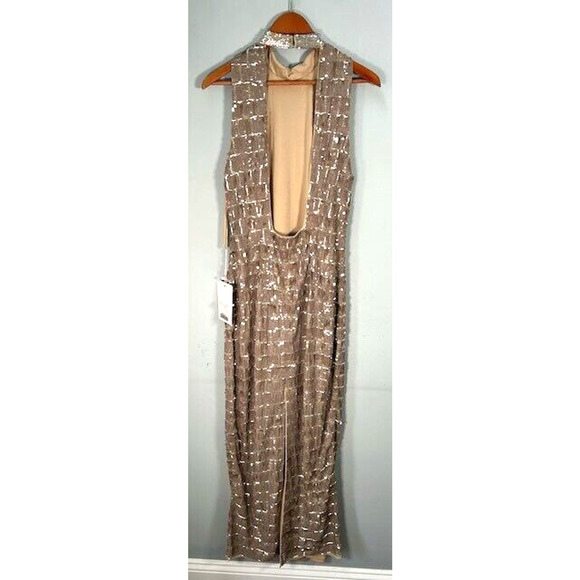 NWT Mac Duggal High Neck Column Gown Maxi Dress Sleeveless Sequined Taupe Size 8 - Picture 6 of 11